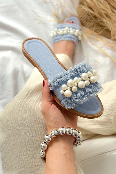 Shoebutik Papuci de damă Mila Blue Denim Pearl Detail