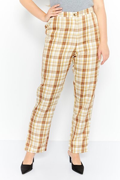 Ghospell Women Regular Fit Checkered Straight Leg Pants, Beige