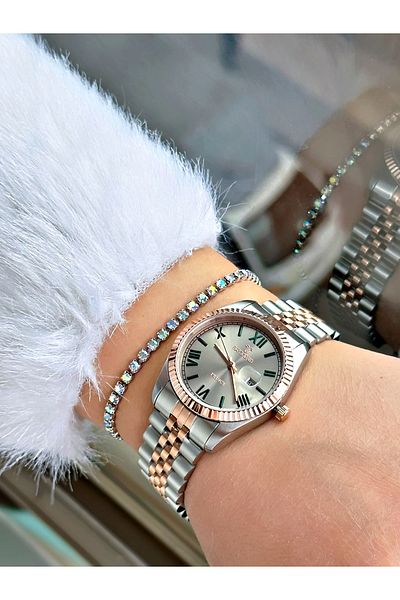 Raymond Rose Silver Color Roman Numeral Steel Elite Classic Women Wrist Watch + Bracelet
