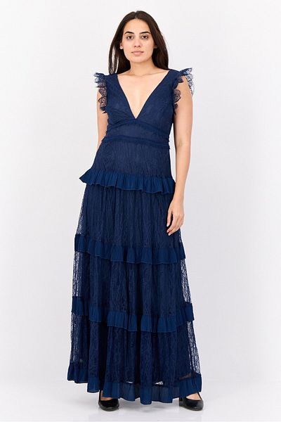 Lulus Women Lace Tiered Maxi Dress, Navy Blue