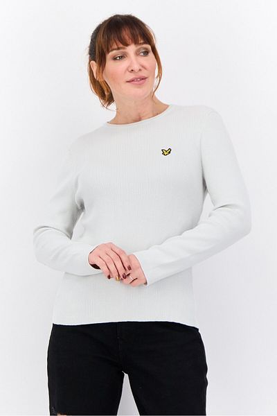 Lyle & Scott Women Crew Neck Embroidered Logo Ribbed Sweater, Light Grey
