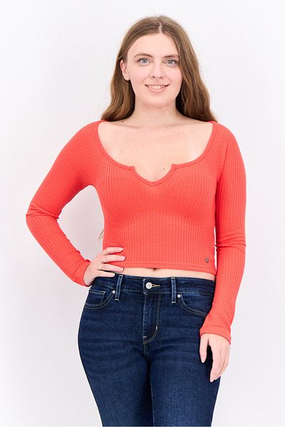 Roxy Women Horseshoe Neck Long Sleeves Knitted Top, Red