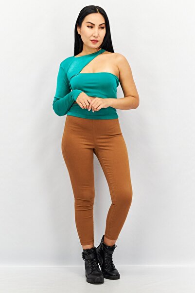 NA-KD Women Round Neck One Shoulder Sleeves Cut Out Shirt, Green