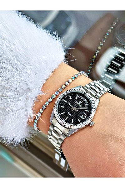 Raymond Silver Color Classic Model Steel Case Cord Women Wristwatch + Bracelet