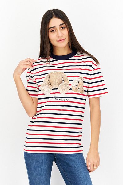 Palm Angels Women Round Neck Short Sleeves Stripe T-Shirt, Cream Combo