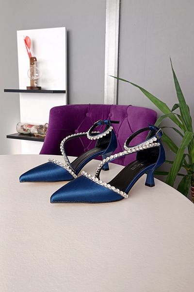 LA CALZATURE Navy Blue Satin 6 cm Heeled Three Rows of Stones Ankle Belt Evening Dress Women's Shoes