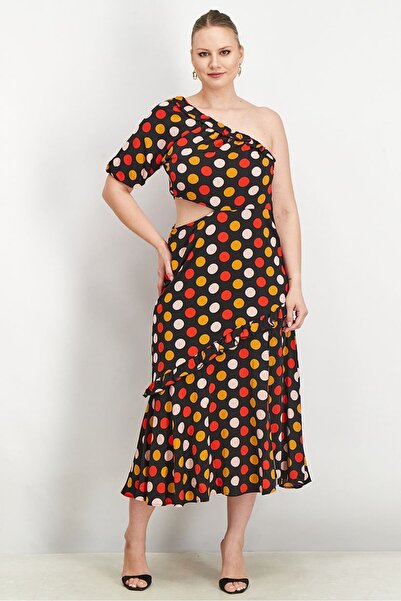 Sam Edelman Women Polka Dots One Shoulder Midi Dress, Black