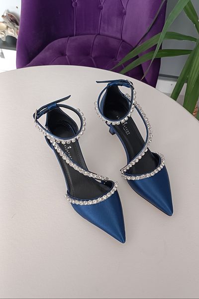 LA CALZATURE Navy Blue Satin 6 cm Heeled Three Rows of Stones Ankle Belt Evening Dress Women's Shoes