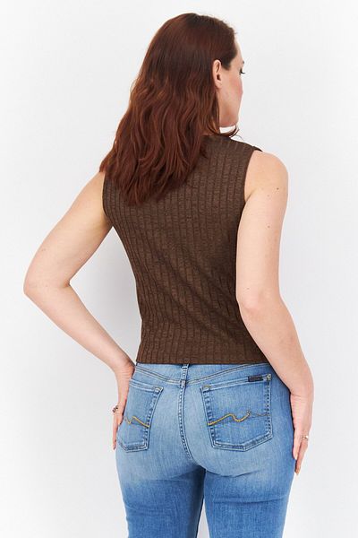 NA-KD Women V-Neck Sleeveless Textured Top, Brown