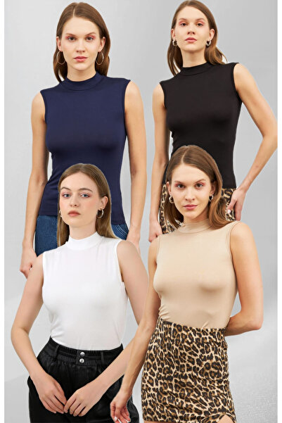 ZUXO Women's Black White Cream Navy Blue 4-Piece Sleeveless Body