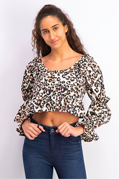 TopShop Women Round Neck Long Sleeve Ruffle Top, Brown