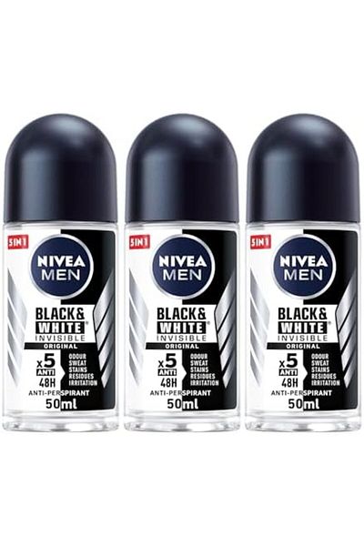 NIVEA Black & White Invisible Original Roll-On Deodorant for Men, 50ml x 3