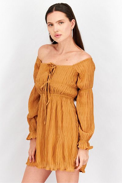 NA-KD Women Off Shoulder Marie Sleeve Textured Mini Dress, Tan