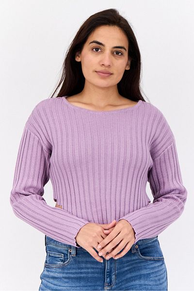 No Comment Women Boat Neck Ribbed Sweater, Lavender