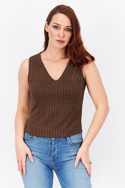 NA-KD Women V-Neck Sleeveless Textured Top, Brown