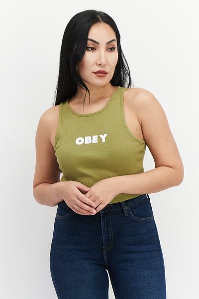 Obey Women Round Neck Sleeveless Ribbed Tank Top, Olive