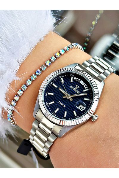 Raymond Silver Color Classic Model Steel Case Cord Women Wristwatch + Bracelet
