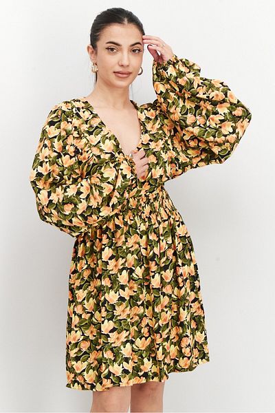 NA-KD Women Long Sleeve Allover Print Mini Dress Olive Combo