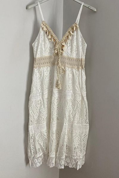AYASOFYA OTANTIK Rochie din dantelă mini tunică, cu bretele reglabile, cu pompon alb italian