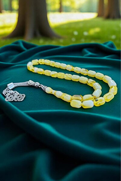 Atolyezone Erkek Sarı Beyrut Damla Kehribar Tesbih Gümüş Kaplama Püsküllü