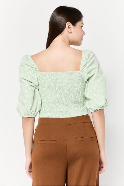 DeFacto Women Sweetheart Neckline Puff Sleeve Floral Pattern Blouse, Sage Green