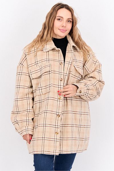 collusion Women Plus Size Plaid Jacket Shirt, Tan