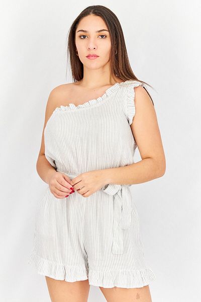 VINTAGE HAVANA Women Stripe One Shoulder Sleeves Playsuits, White