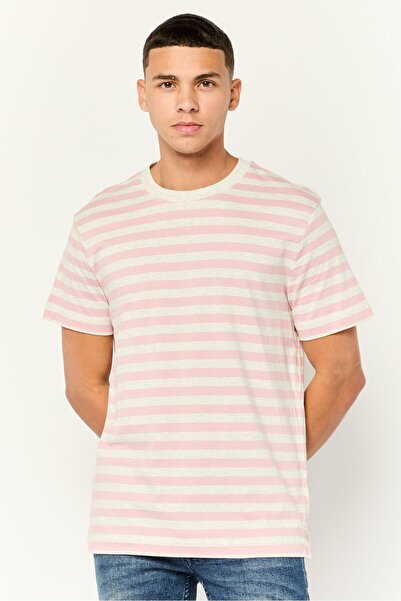 Esprit تي شيرت رجالي مصبوغ بخيوط ملونة بأكمام قصيرة وياقة دائرية، متعدد الألوان