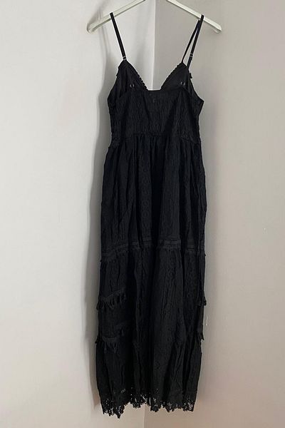 AYASOFYA OTANTIK Women's Italian Black Tasseled Adjustable Strap Lined Long Lace Dress