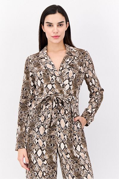 Phase Eight Women Animal Print Long Sleeve Jumpsuit, Brown
