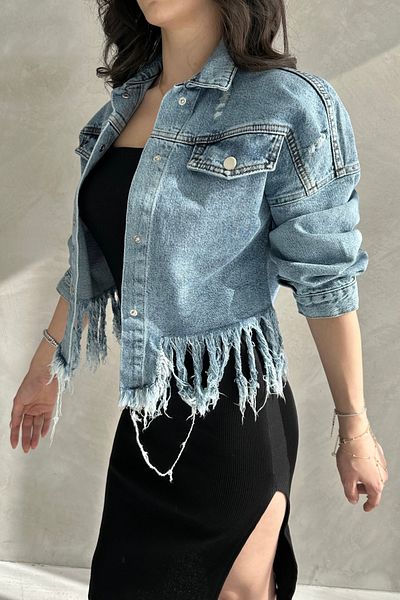 Caddebostan Moda Tassel Detailed Crop Washed Blue Denim Jean Jeans Women's Jacket