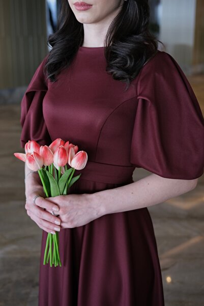 BEYZATURAN VERONICA μπορντό με αντίστροφη αναστολή με μανίκια μπαλόνι μακριά φούστα φόρεμα/βραδινό φόρεμα