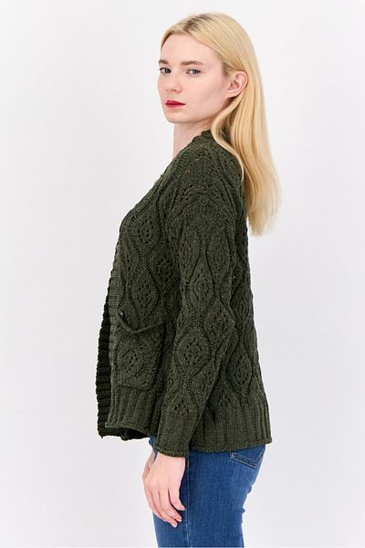 PİNK ROSE Women Split Neck Pointelle Cardigans, Dark Green