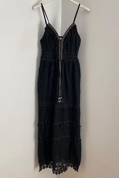 AYASOFYA OTANTIK Women's Italian Black Tasseled Adjustable Strap Lined Long Lace Dress