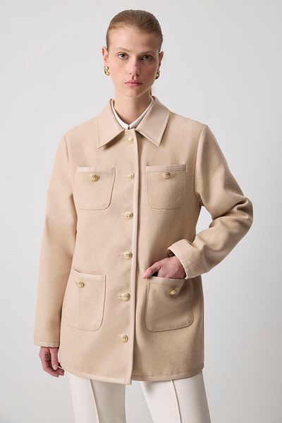 Touché Privé Leather Detailed Gold Buttoned Coat