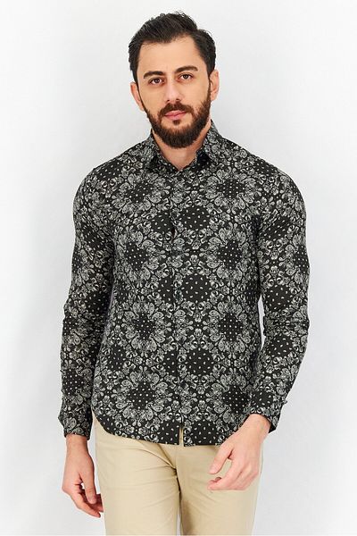 The Kooples قميص رجالي كاجوال بنمط بيزلي بأكمام طويلة وقصة مريحة، أسود