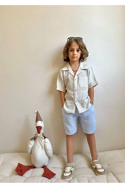 MİO Costum cămașă pentru băiat, cu pantaloni scurți din bumbac, cu croiala relaxată de vară