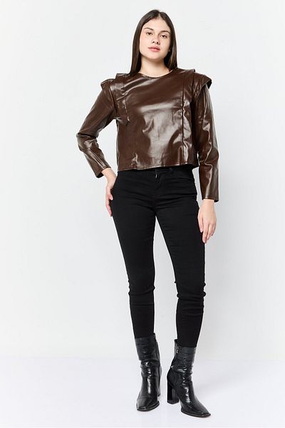 DeFacto Women Jewel Neckline Long Sleeve Pleated Blouse, Dark Brown