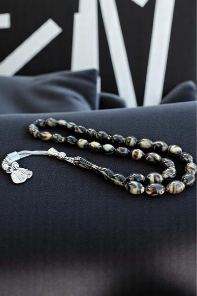 Atolyezone Erkek Siyah Beyaz Beyrut Damla Kehribar Tesbih Gümüş Kaplama Püsküllü