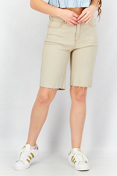 Oat شورت برمودا نسائي عالي الخصر، بني فاتح