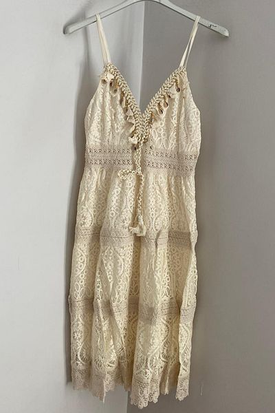 AYASOFYA OTANTIK Women's Italian Beige Pompom Detailed Adjustable Strap Lined Mini Tunic Lace Dress