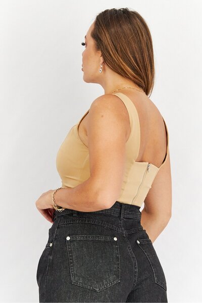 Asos Design Women Square Neck Sleeveless Plain Crop Top, Tan