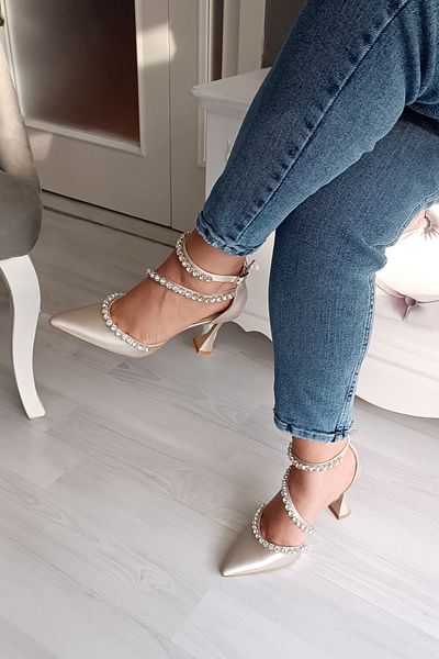LA CALZATURE Skin Satin 9cm Heeled Three Rows of Stones Accessory Stiletto Evening Dress Women's Shoes