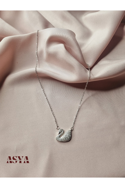 Asya Çelik Zincir Gümüş Renk Zirkon Taşlı Kuğu Kolye