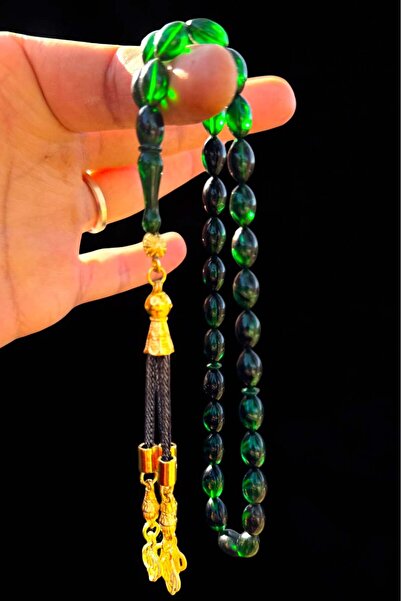 Atolyezone Sertifikalı Ateş Kehribar Tesbih Altın Kaplama Püsküllü Yeşil Sıkm...