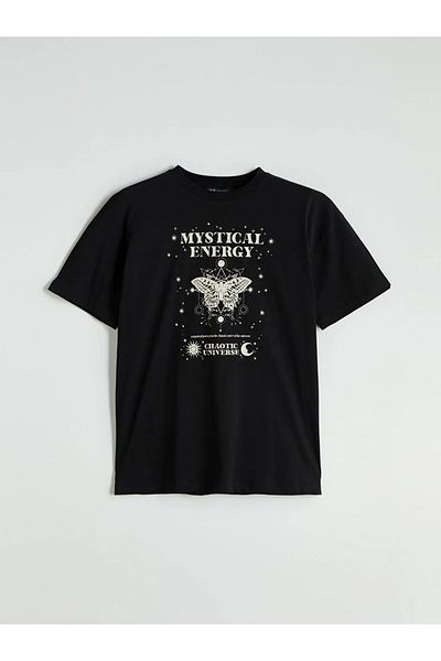 LC Waikiki Γυναικείο μπλουζάκι LCW Modest Black Crew Neck με στάμπα
