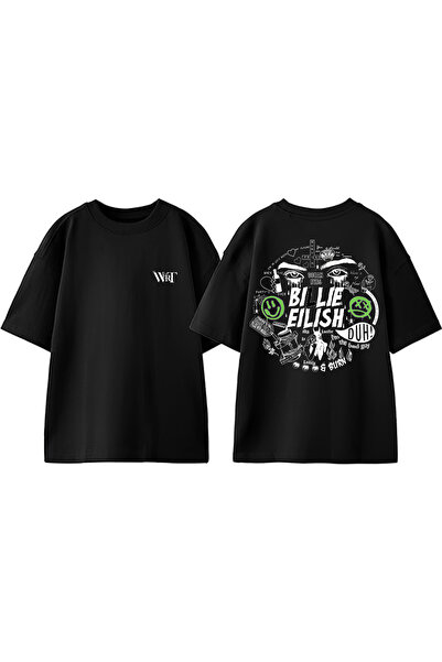 THEWERT Billie Eilish 1 Dizajn Leđa Štampano Pamuk Crna Oversize kroj T-shirt