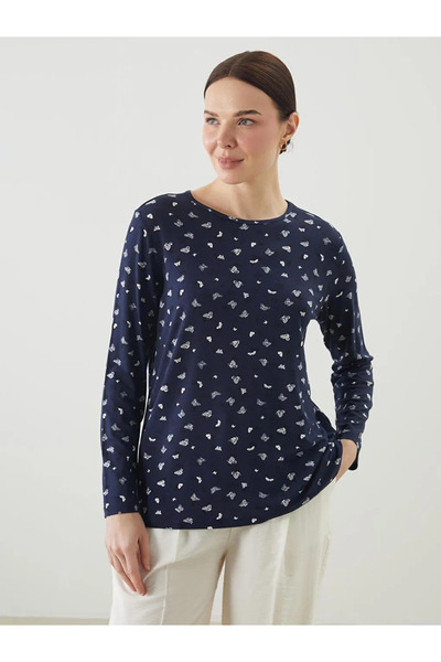 LC Waikiki LCW Grace Lacivert Bisiklet Yaka Desenli Kadın Tişört