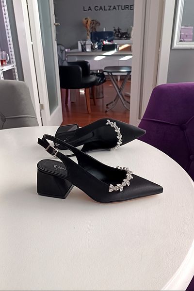 LA CALZATURE Black Satin 6cm Thick Heeled Accessory Stone Detailed Evening Dress Women's Heeled Shoes