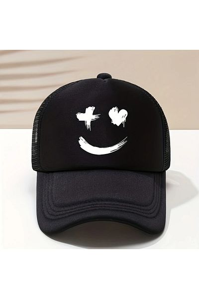 LEIVOR Усмихната емотиконна шапка с щампа на сърце и X от мрежа, черна, с щампа Snapback